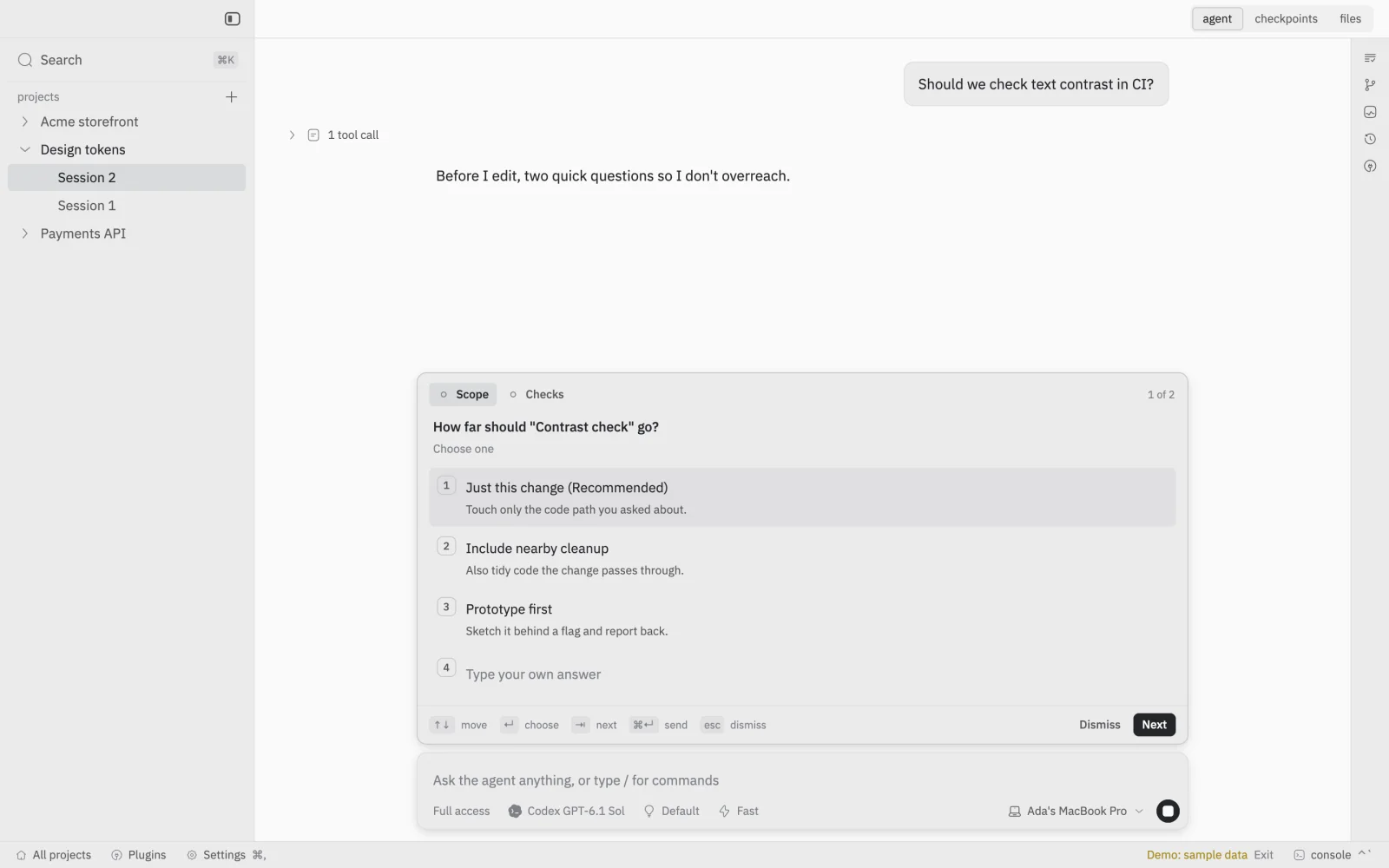 An agent asking two multiple-choice questions before it edits, with a recommended answer and room to type your own.