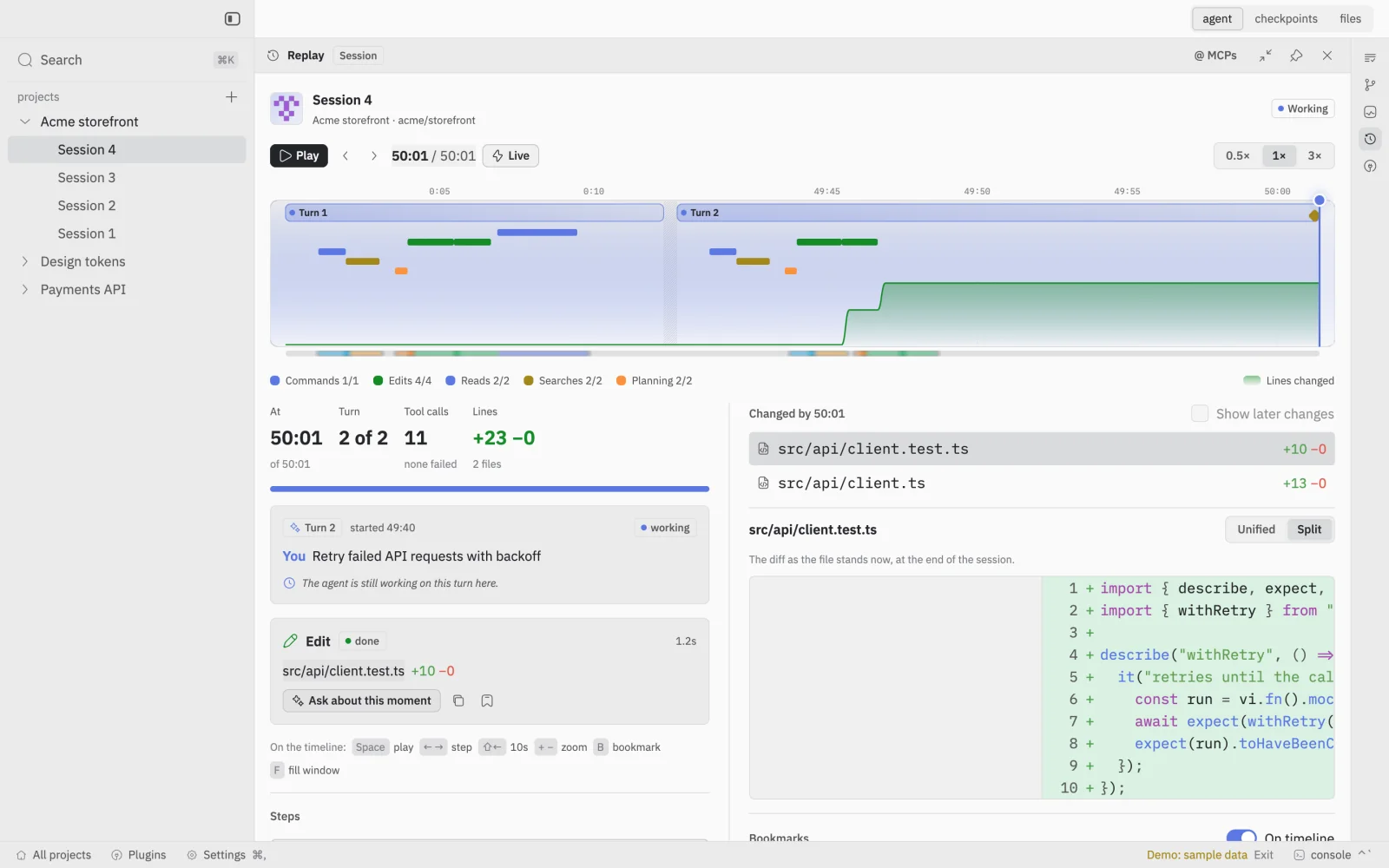 The Replay extension filling the window: a timeline of two turns with tool calls, lines changed over time, and the diff as of the playhead.