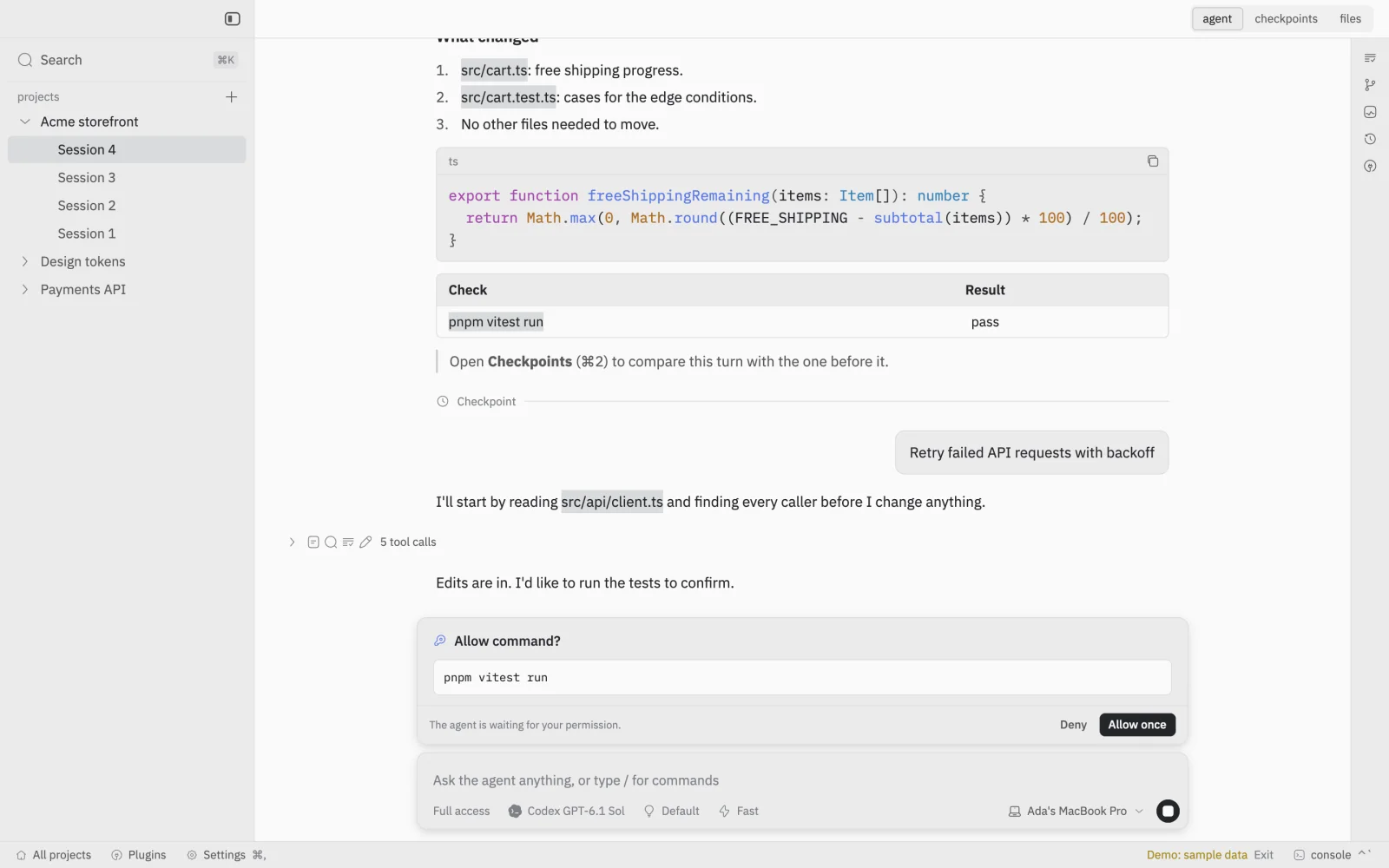 A GetBranchIt session: the agent's summary of a change, a saved checkpoint, and a request to run pnpm vitest run waiting for Deny or Allow once.