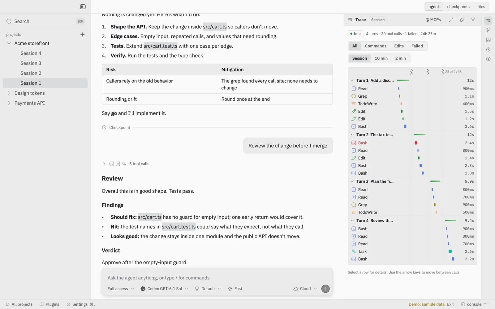 The Trace extension beside a session: every turn's tool calls on a shared timeline with their durations.